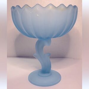 Vintage Pale Blue Frosted Indiana Satin Glass Lotus Bloom Pedestal Compote Bowl